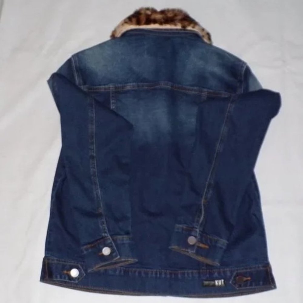 🆕KUT from the Kloth Jean Jacket Denim Blue Leopard Collar Small - Picture 10 of 11